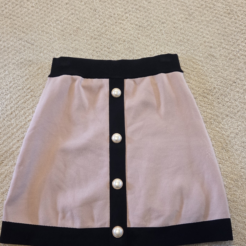 Babaton Pink and Black Mini Skirt with Pearl Buttons